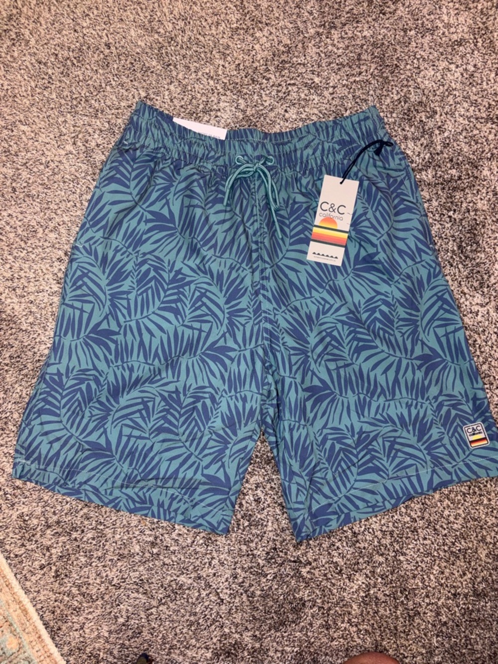 C&C California Teal and Navy Tropical Leaf Swim Shorts